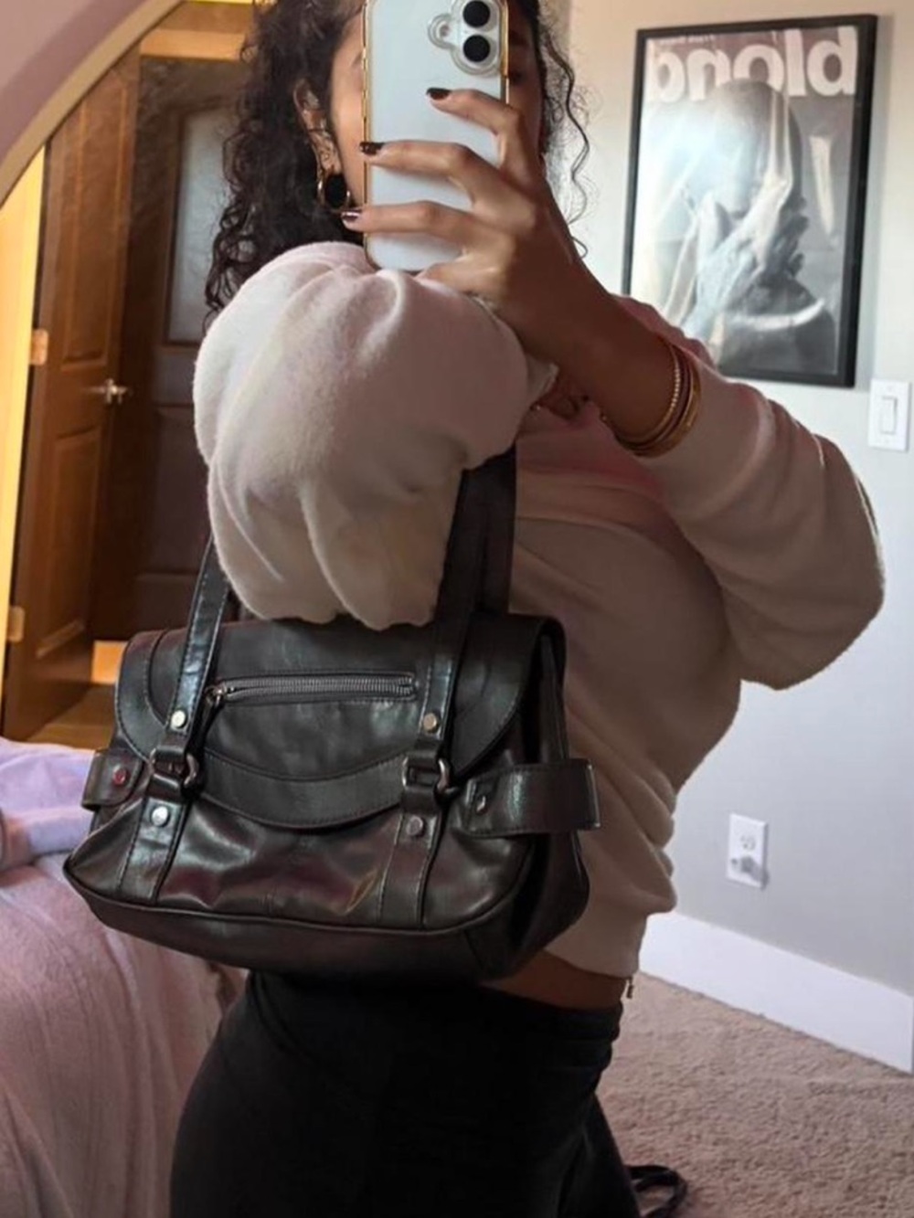 Structured Gray Chrome Leather Satchel Handbag - Women's Everyday Carry